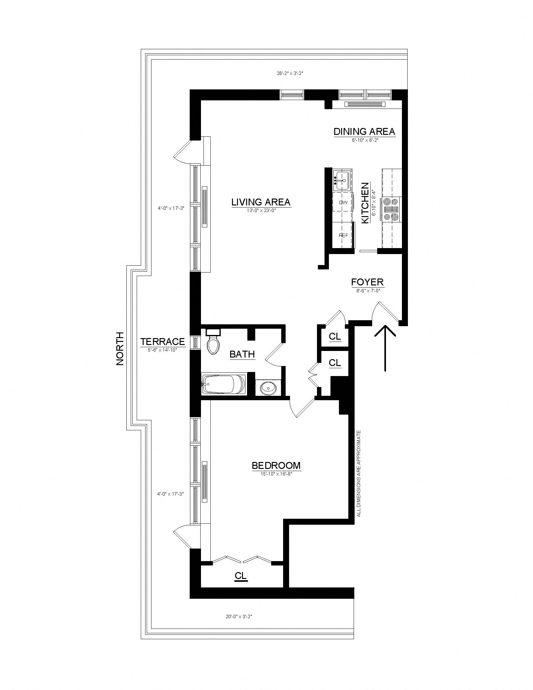 Floor plan for 1 bed, 1 bath, 1224 sqft